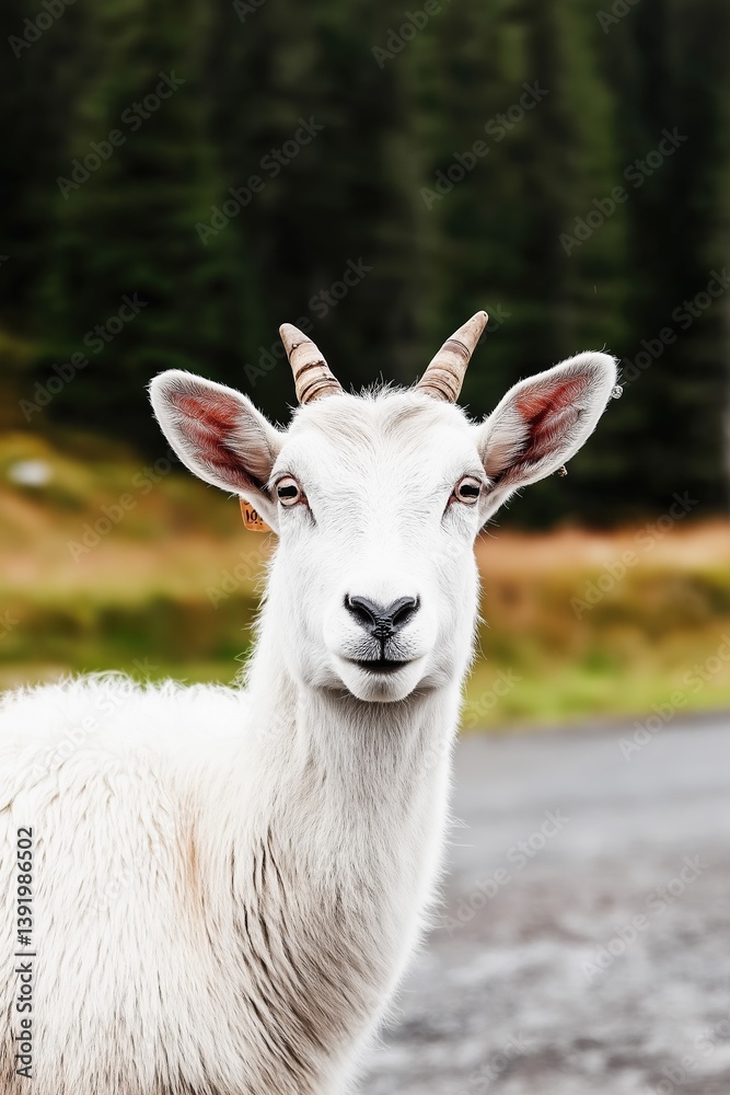 Obraz premium White goat in scenic mountain landscape with forest background