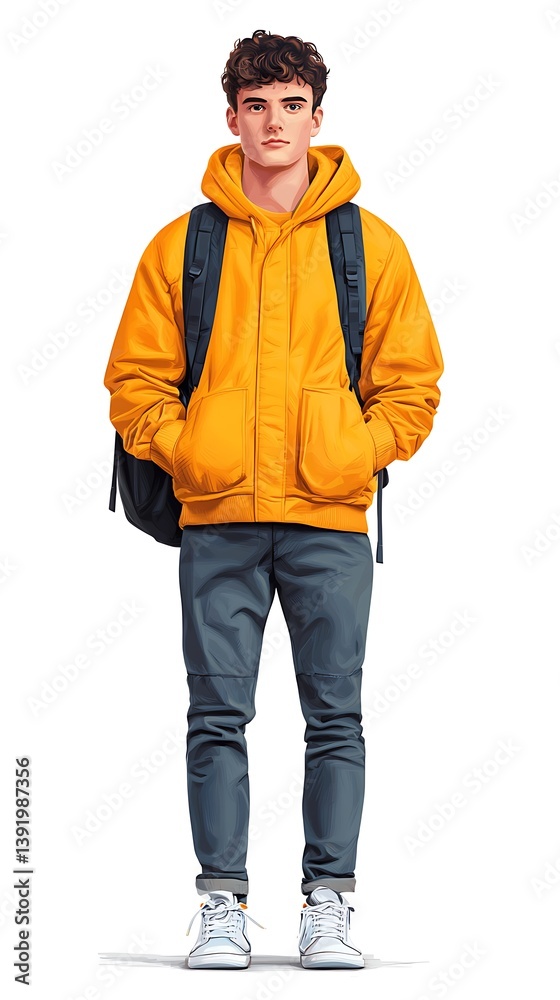 Fototapeta premium A young man in a bright yellow hoodie and backpack stands confidently, showcasing a casual urban style.