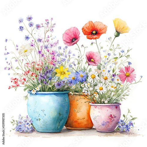 Whimsical Watercolor Flower Pots with Summer Wildflowers on White

