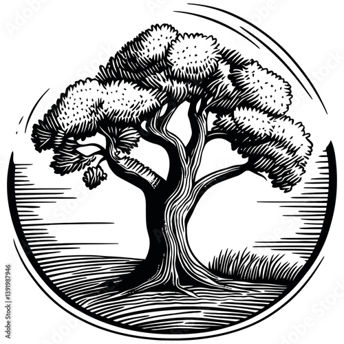 Vintage vector illustration of a majestic tree in circular frame