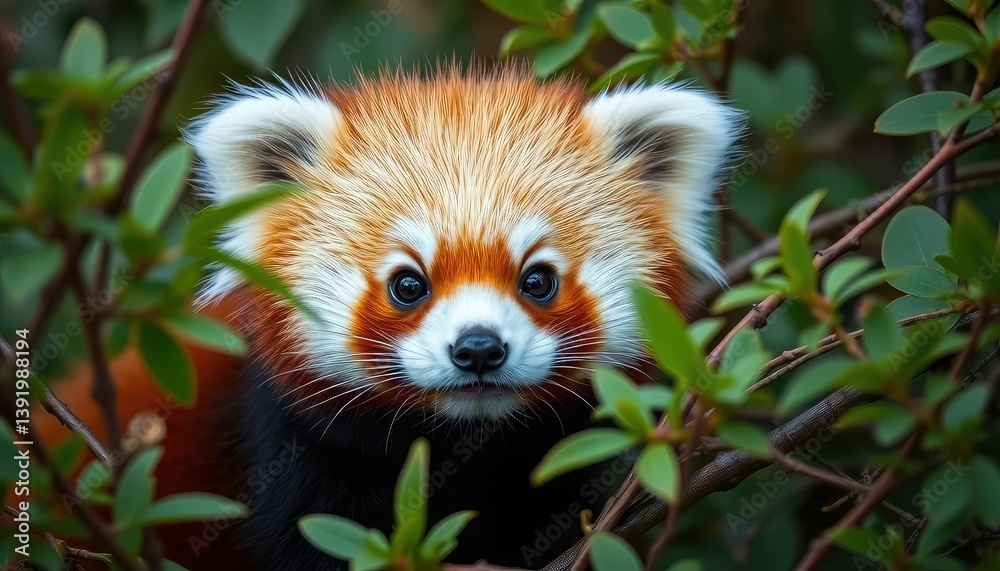 Naklejka premium A fluffy red panda cub, eyes wide, nestled in soft foliage, fluffy, macro