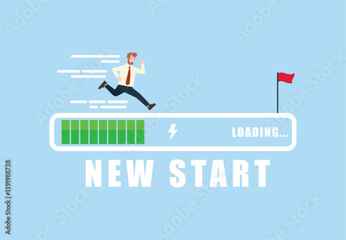Male businessman running on the loading bar. New startup concept. Heading towards the goal of success. Flat vector illustration