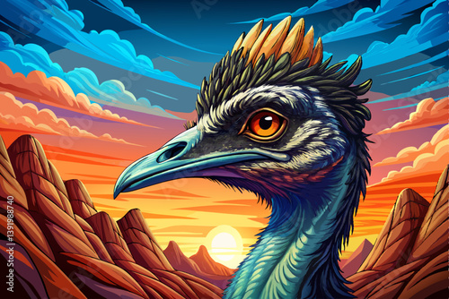 Emu portrait on an alien rock formation desert under a strange colored sky, animal bird banner