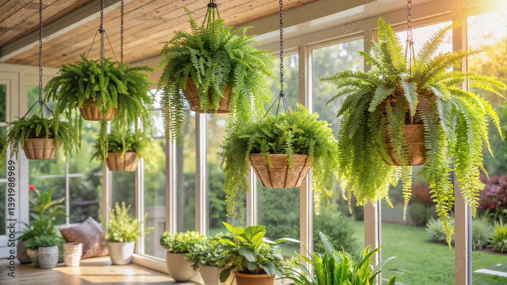 Fototapeta premium Hanging ferns and potted plants in bright sunroom