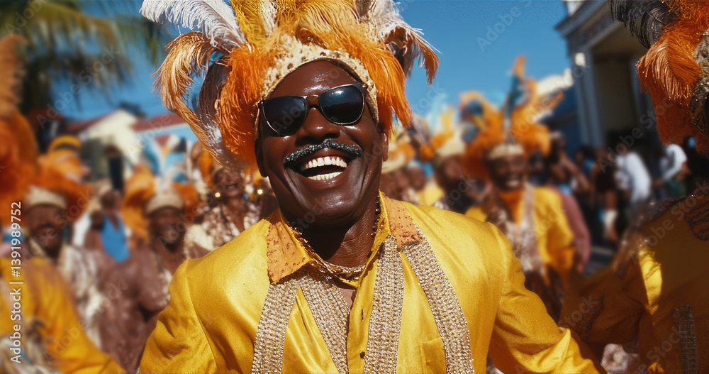 Portrait of a joyful black man in elaborate feathers during the vibrant Junkanoo street parade in The Bahamas, celebrated on Boxing Day and New Year's, with a festive crowd in the background.