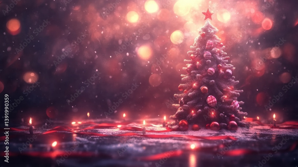 Red And Pink Decorated Christmas Tree Glowing With Lights In A Dark Winter Setting Red And Pink Decorated Christmas Tree Glowing With Lights In A Dark Winter Setting