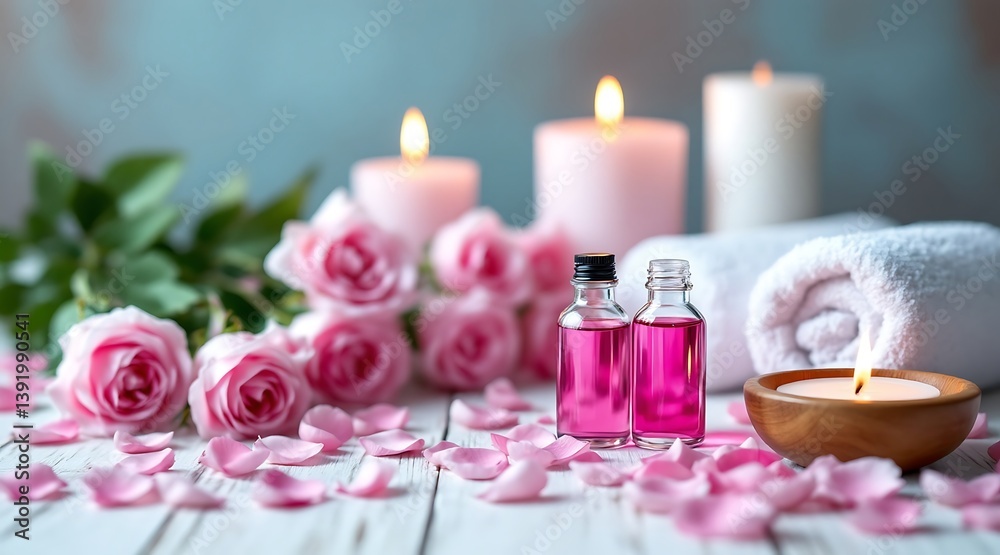Pink roses with candles and essential oils on a white wooden surface for spa and wellness Pink roses with candles and essential oils on a white wooden surface for spa and wellness