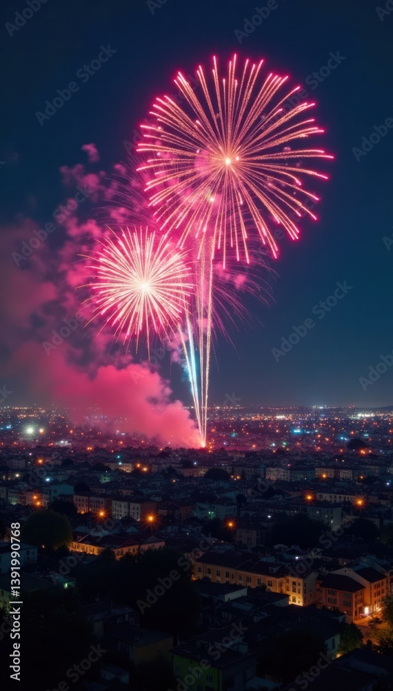 New Year fireworks exploding in night sky over cityscape , explosive, fireworks, celebrations New Year fireworks exploding in night sky over cityscape , explosive, fireworks, celebrations