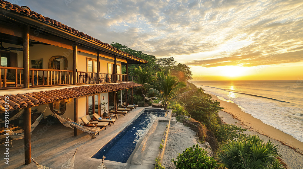 luxurious beach resort house with wide terraces overlooks stunning ocean sunset luxurious beach resort house with wide terraces overlooks stunning ocean sunset