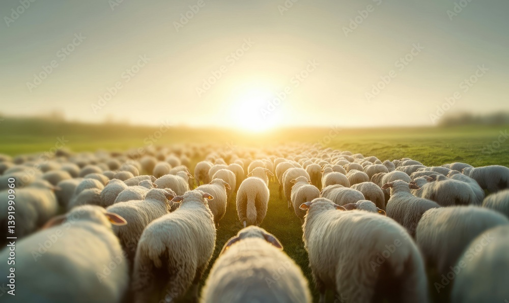 Obraz premium A large group of sheep walks towards the glowing sun across a green field at sunrise.