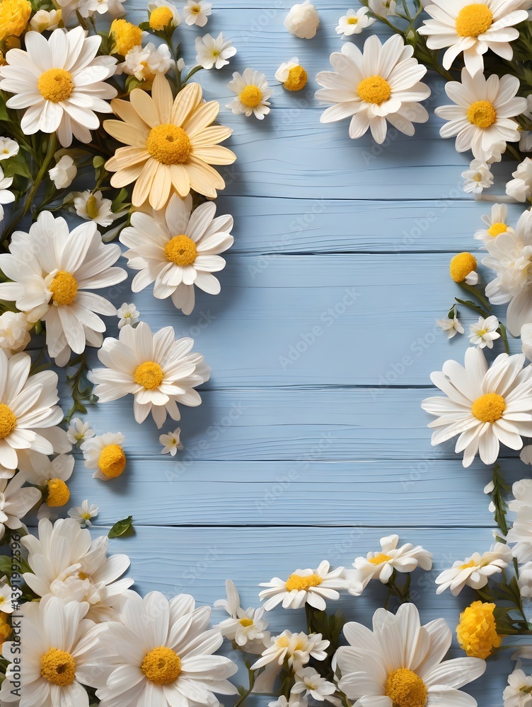 Fototapeta premium Bright and cheerful spring themed background with fresh yellow and white flowers top border, Garden flowers over wooden background