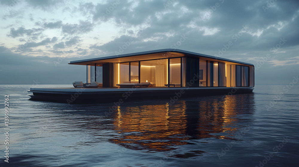 luxurious floating resort house with large panoramic windows at sunset luxurious floating resort house with large panoramic windows at sunset