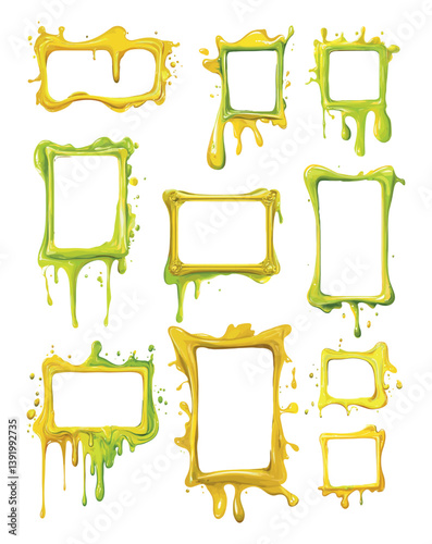 Lime acid green melting frames cartoon vector set. Oozy drops stains splashes merging dripping vacant frames seeping tangy rectangles, isolated illustrations on white backdrop