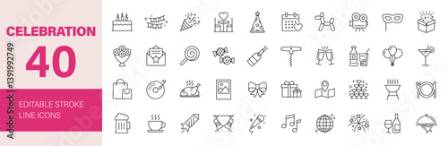 Celebration icon set. Party related line icons: celebrate, birthday, event, happy new year, dancing, fireworks, cheers, gift, invitation, wedding and more. Editable stroke. Vector illustration.