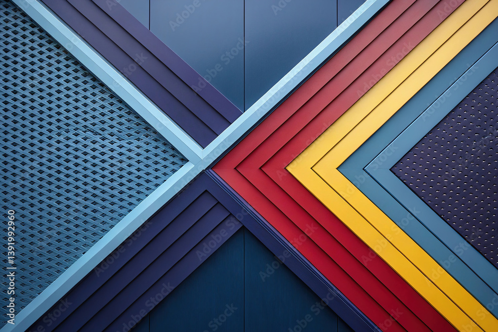 Modern abstract background in light blue, dark blue, red, lilac, and yellow. Minimalist. Color gradient. Geometric shape. Lines, stripes, triangles, angles, and 3D shadows. Futuristic design. Metallic