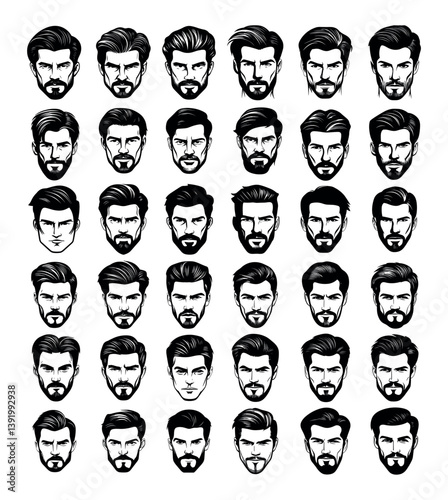 Male bearded various haircuts black ink sketch vector collection. Grooming barber men facial whiskers mustache styles profiles heads, isolated artwork on white backdrop