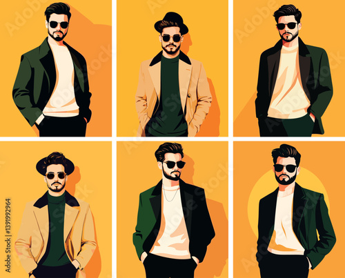 Male person portraits illustrations cartoon vector collection. Stylish modern eyewear man city model profiles icons, fashionable vogue bold trend appearance character, isolated arts