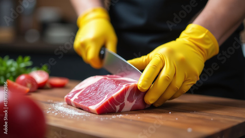butcher wears yellow gloves slice raw meat precisely