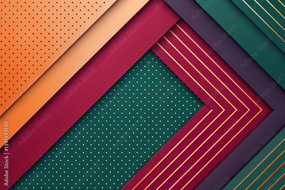 Modern abstract background in lilac, dark green, red, and orange. Minimalist. Color gradient. Geometric shape. Lines, stripes, triangles, angles, and 3D shadows. Futuristic design. Metallic effect. Li