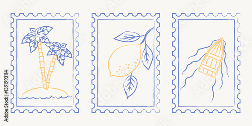 Set of Summer postal stamps with palm trees, lemon and boat