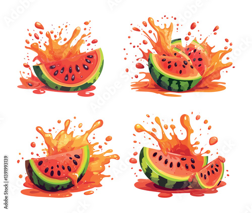 Melon juice beverage cartoon concepts. Large striped fruit extract drips, watermelon splashes droplets sprays flows, nutritious tropical exotic fruits consumable edibles pomes plants isolated artworks
