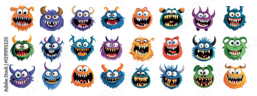 Monster creature faces cartoon vector set. Tusks antlers big eyes tiny little beast, demons fiend furious horror creepy nightmare funny ghouls, isolated illustrations on white background