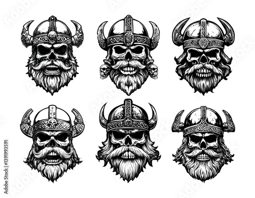 Norse viking skulls black ink drawing collection. Helmets horns armor bearded cranium skeleton, deceased bone human head relics, ancient scandinavian invaders marauders undead berserkers