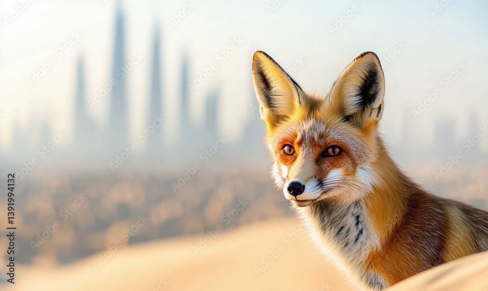Fototapeta premium A curious red fox surveys the landscape, with a modern city skyline softly rising in the background.