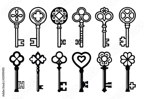 set of vintage keys vector silhouette