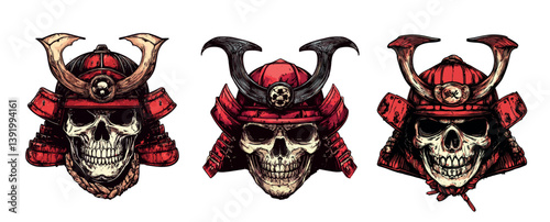 Samurai helmet skull color ink sketch vector set. Human skeleton head remains dead bone, cranium japan asian armour plate, traditional ancient combatant soldier knight hand drawn avatars