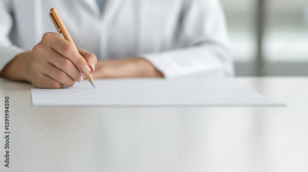 Fototapeta premium Close up of Woman's Hand Writing on White Paper with Wooden Pen Professional Office Setting