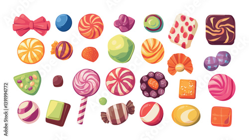 Sweets cartoon vector collection. Toffee stretchy delights cocoa, bubble gum squares, chewy sugar clouds candy cushions spheres, delightful tasty confectionery goodies isolated artwork
