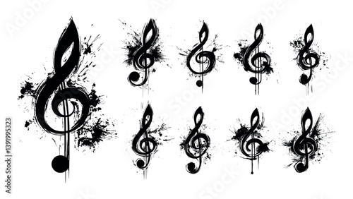 Treble clefs grunge elements black vector set. Tones melodic emblem notes musical symbol, streaks drips stains splatters textures notation icon marker, isolated illustrations on white backdrop