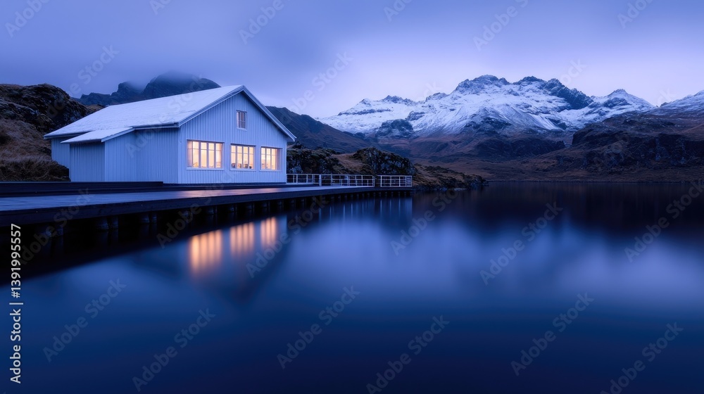 Obraz premium Tranquil cabin by a serene lake at dawn, nestled in a mountain landscape. The cabin's white exterior, lit windows, and reflection on the still water creates a peaceful ambiance
