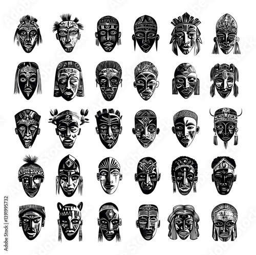 Tribal african masks black ink sketch vector set. Female male face totemic ritual cult accessories, fiend demon fetish ancient native visors idol covers, isolated illustrations on white backdrop