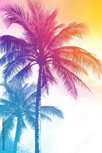 Vibrant colorful silhouettes of palm trees against a white background
