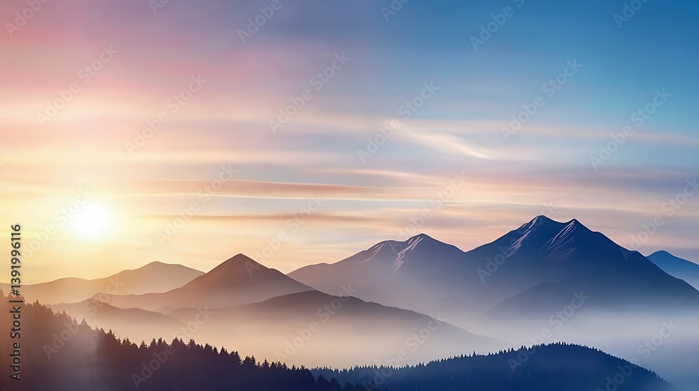 Fototapeta premium Majestic Sunrise Over Misty Mountain Peaks Serene Landscape Tranquil Nature Scene Breathtaking View