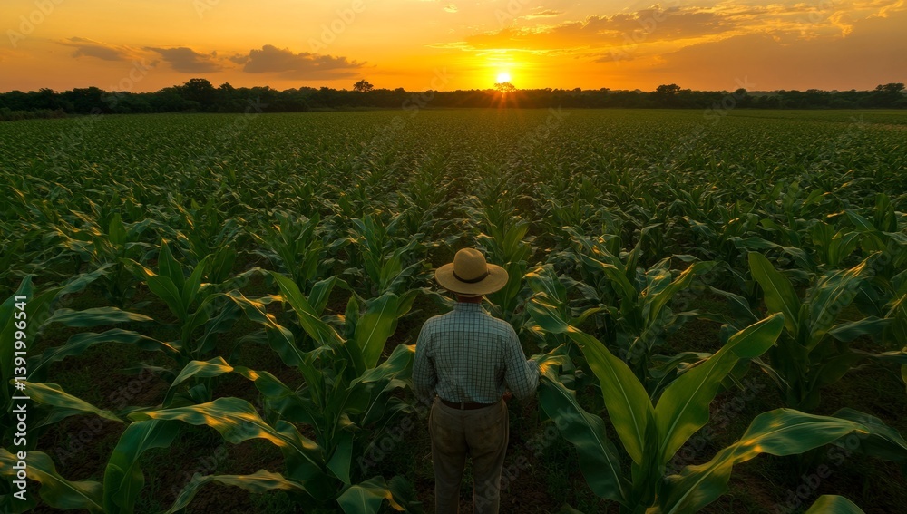 Fototapeta premium At sunset, a farmer in a hat and shirt surveys the maize field. The agronomist admires the harvest and the organic growth on the countryside farm. The rancher enjoys the serene natural scenery