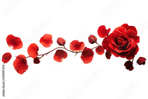 Romantic red rose blossom with petals buds branch elegant minimal white background isolated on transparent background