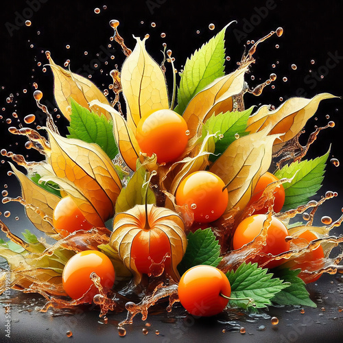 Physalis fruits with bright orange lanterns, enveloped in drops of water.
