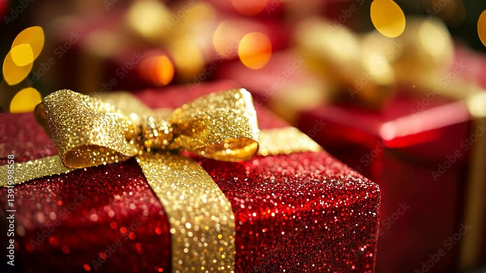 Red and gold christmas presents. Red christmas gifts for the kids. Isolated presents on a golden row. Crimson and golden holiday gifts lifestyle.