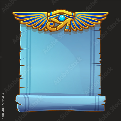 Ancient Egypt papyrus scroll cartoon vector with Eye of Horus and Egyptian culture religious wings, Egyptian icon, object, background or frame for game development.