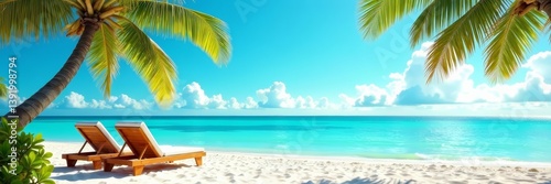 A colorful travel and holiday summer card with palm trees, beach chairs, and ocean view, palm trees, summer, view