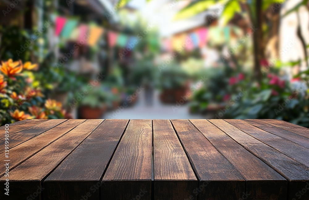 In the foreground, an empty rustic wooden table is set against a blurred background of a lively garden party. The image captures a summer picnic atmosphere with a vibrant garland and sun flare, In the foreground, an empty rustic wooden table is set against a blurred background of a lively garden party. The image captures a summer picnic atmosphere with a vibrant garland and sun flare,