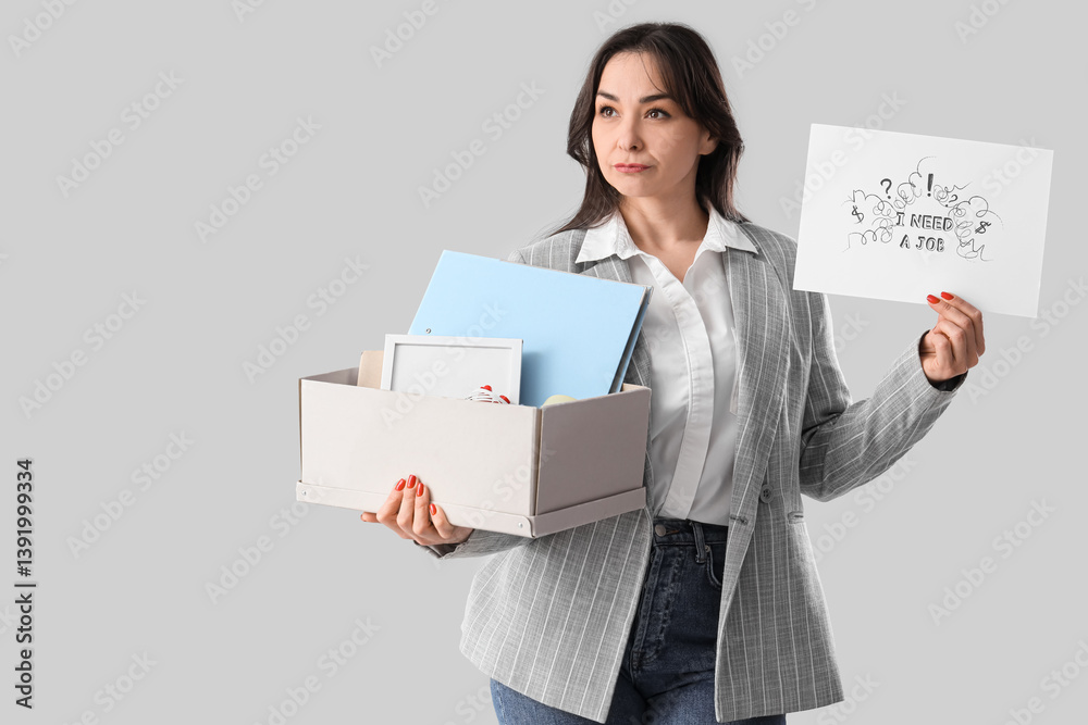 Fired businesswoman holding paper with text I NEED A JOB and personal stuff on light background Fired businesswoman holding paper with text I NEED A JOB and personal stuff on light background