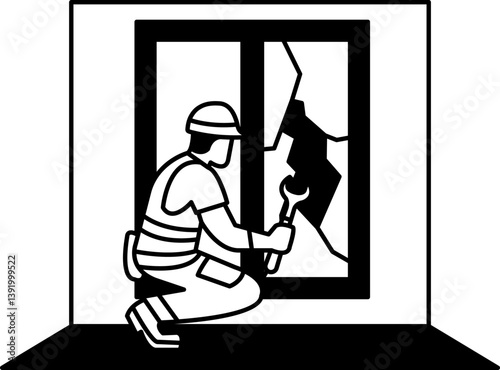 black and white flat icon vector of The glazier is installing a new window pane