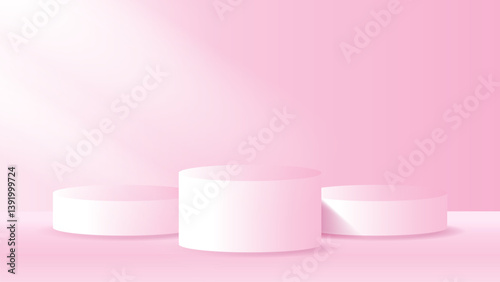 Three cylindrical podiums. Light pink background. Soft gradient lighting. 3D rendered scene. Minimalist design. Product display platform. Smooth edges. Clean, modern aesthetic for beauty products.