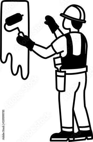 black and white flat icon vector of The painter is painting the wall
