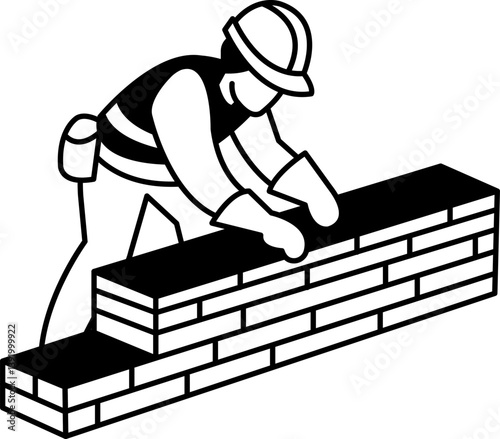 black and white flat icon vector of The bricklayer is laying bricks