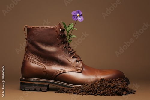 A brown leather boot holds a flower with green leaves photo